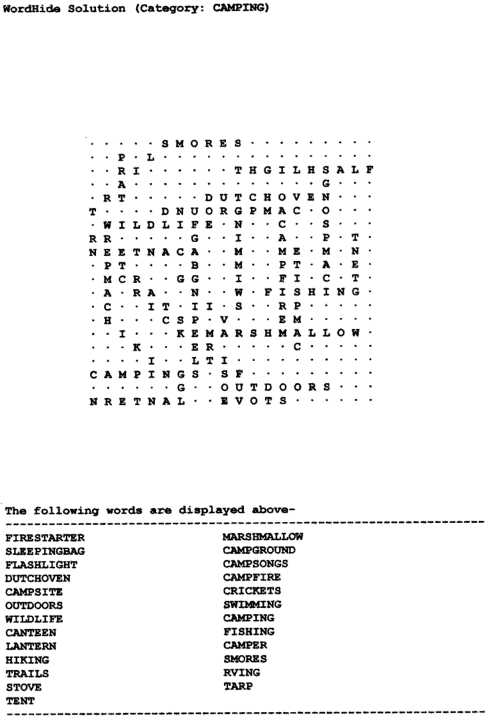 Camping Word Search Puzzle Solution